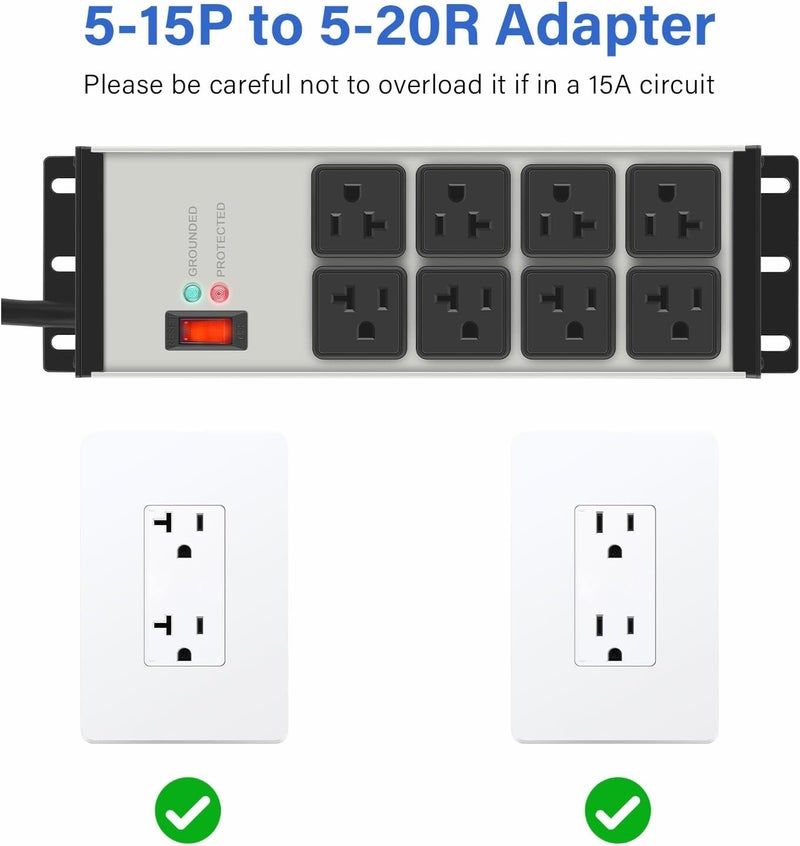 CCCEI Heavy Duty Power Strip Surge Protector 20 AMP, 8 Outlets 12 Gauge Industrial Shop Garage Metal Multiple Outlets, 6 FT Extension Cord 5-15P Adapter High Amp 6-20R T-Slot 20a for Appliance - Image 5